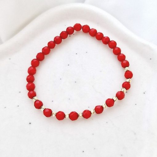 Bratara din pietre de Coral si Bilute din Aur 14K - Snur elastic-Personalizate >> Tip Bijuterie >> Bratari pietre semipretioase >> Noutati