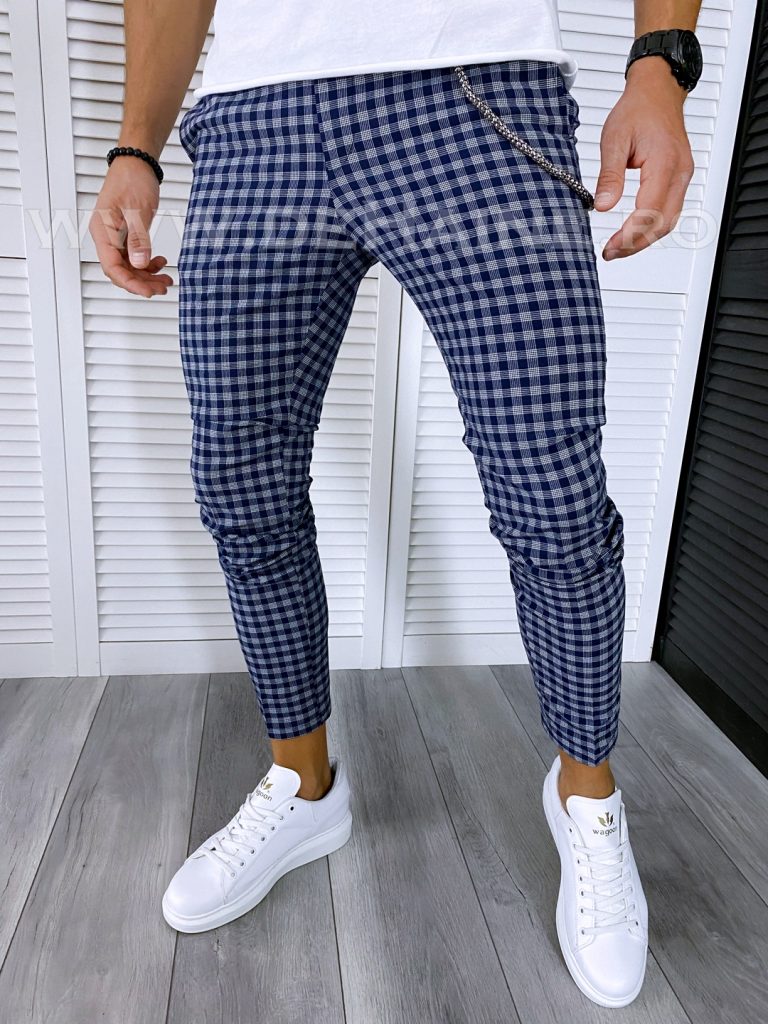 Pantaloni barbati casual regular fit bleumarin in carouri B1589 F7-5-Pantaloni > Pantaloni casual