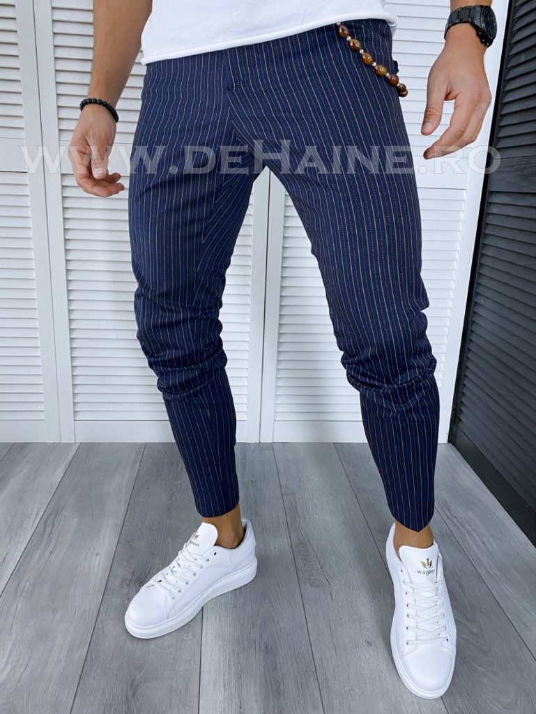 Pantaloni barbati casual regular fit bleumarin in dungi B1705 F5-Pantaloni > Pantaloni casual