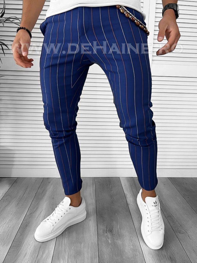 Pantaloni barbati casual regular fit bleumarin in dungi B7871 S3-1-Pantaloni > Pantaloni casual