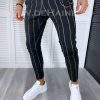 Pantaloni barbati casual regular fit negri in dungi B1301 I5-2.3-Pantaloni > Pantaloni casual