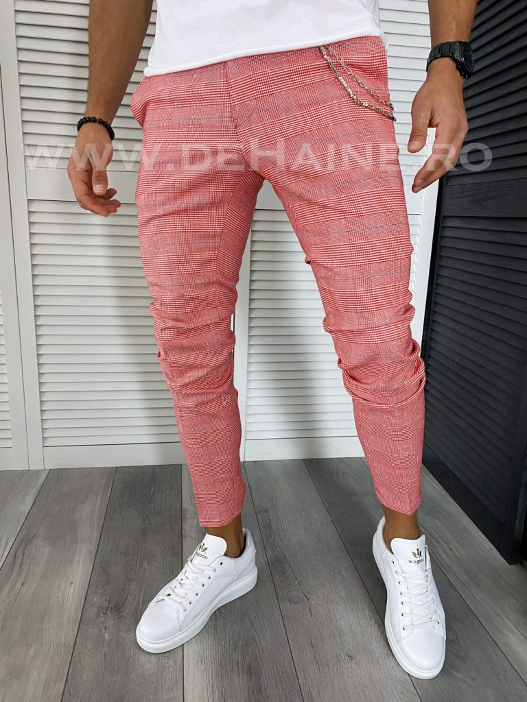 Pantaloni barbati casual regular fit rosii in carouri B1607 V4-Pantaloni > Pantaloni casual