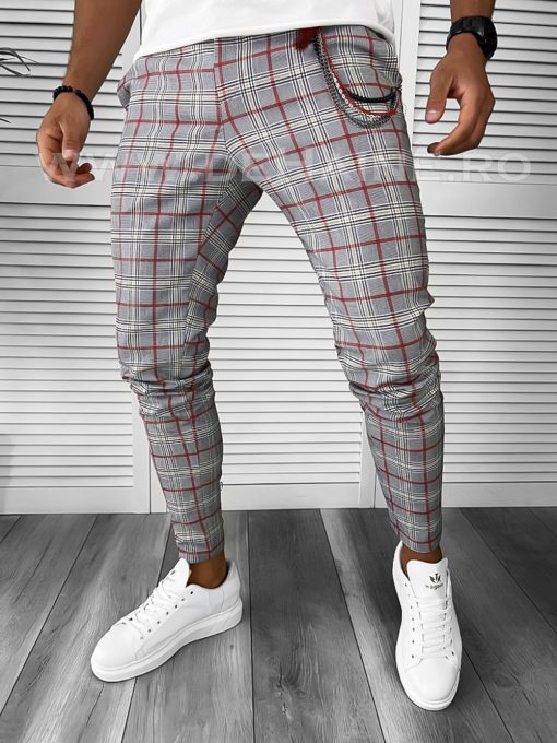 Pantaloni barbati casual regular fit gri in carouri B7844 B7-3.1-Pantaloni > Pantaloni casual