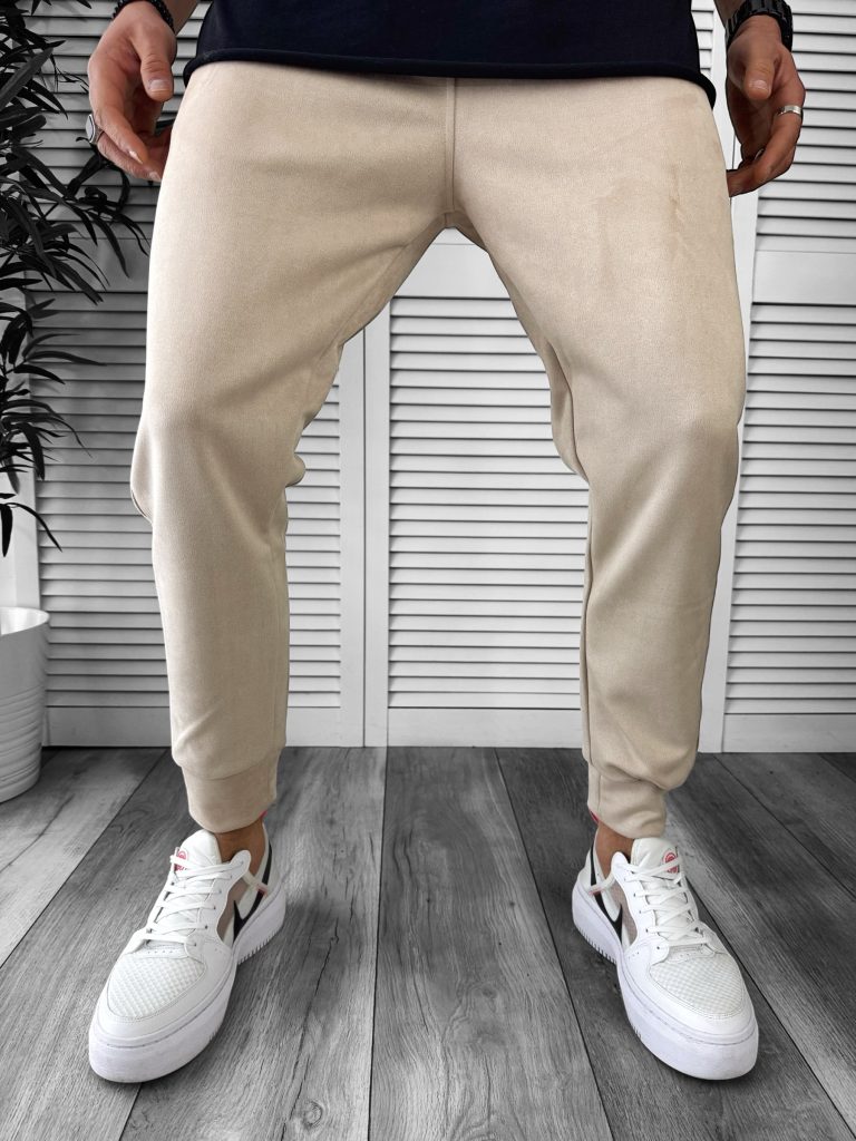 Pantaloni de trening slim fit catifea bej B6236 45-3-Pantaloni > Pantaloni de trening