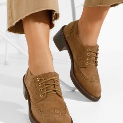 Pantofi cu toc si siret Slick camel-Pantofi cu toc gros-Pantofi dama casual