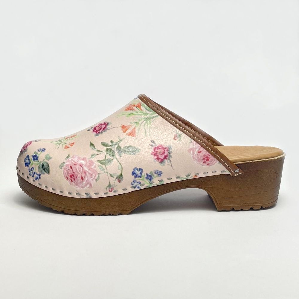 Saboti piele naturala Clogs roz-floral-Saboti dama-Saboti dama