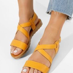 Sandale dama piele Tamala galbene-Sandale fara toc-Sandale piele