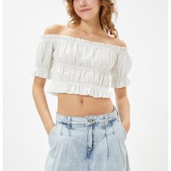 Bluza crop texturata cu decolteu pe umeri-FEMEI-