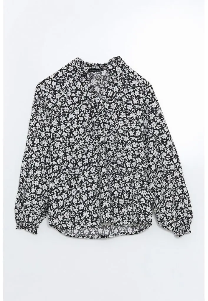 Bluza cu model floral si snururi la gat-FEMEI-