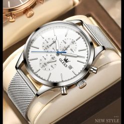 Ceas barbatesc Olevs CS1653 otel inoxidabil argintiu cadran alb 4