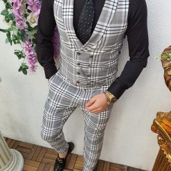 Compleu barbati slim fit vesta si pantalon gri in patratele albenegre CU123 2