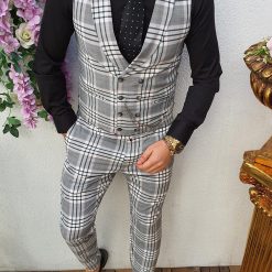Compleu barbati slim fit vesta si pantalon gri in patratele albenegre CU123 3