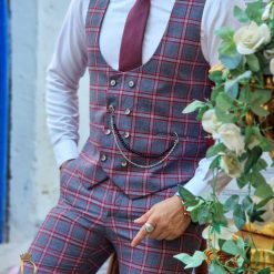 Compleu de barbati Vesta si Pantalon gri in carouri rosii Slim Fit CU183 2