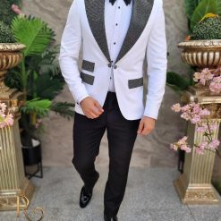 Costum alb de ceremonie MireNas Sacou Pantalon Papion C4135 8