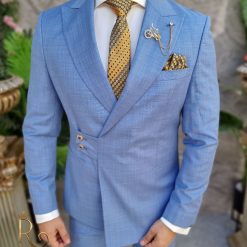 Costum bleu pal Double Breasted Sacou si Pantalon C4150 5