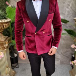 Costum bordeaux MireNas Sacou din catifea Pantalon Papion C4137 4