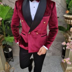 Costum bordeaux MireNas Sacou din catifea Pantalon Papion C4137 6