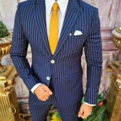 Costum de barbati bleumarin cu dungi albe Sacou Vesta si Pantalon C3881 2