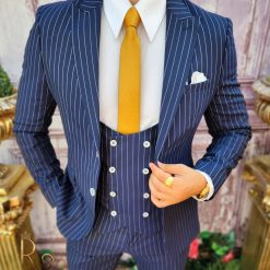 Costum de barbati bleumarin cu dungi albe Sacou Vesta si Pantalon C3881 3