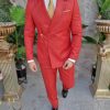 Costum rosu corai Double Breasted Sacou si  Pantalon- C4149-Costume