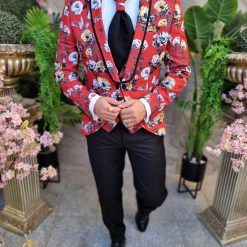 Costum rosu floral NASMIREARTISTI SacouVesta Pantalon Cravata C4378 4