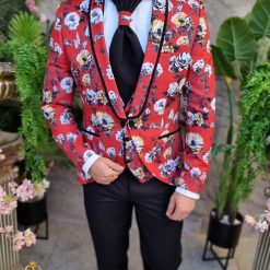 Costum rosu floral NASMIREARTISTI SacouVesta Pantalon Cravata C4378 6