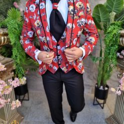 Costum rosu floral NASMIREARTISTI SacouVesta Pantalon Cravata C4378 7