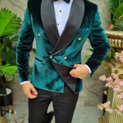 Costum verde MireNas Sacou din catifea Pantalon Papion C4138 5