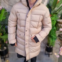 Geaca groasa de iarna bej lunga cu gluga GC686 4