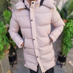 Geaca groasa de iarna bej lunga gluga detasabila GC684 6