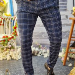 Pantaloni de barbati bleumarin in patratele croiala slim fit conici PN538 3