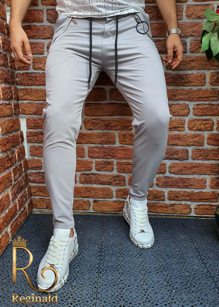 Pantaloni de barbati slim fit casual gri cu snur