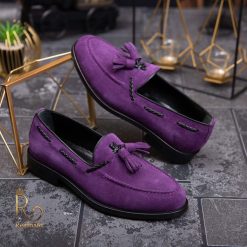 Pantofi Loafers de barbati din piele intoarsa naturala mov P1369 3