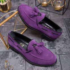 Pantofi Loafers de barbati din piele intoarsa naturala mov P1369 4