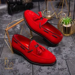 Pantofi Loafers de barbati din piele intoarsa naturala rosii cu ciucuri P1365 2