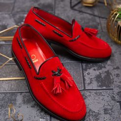 Pantofi Loafers de barbati din piele intoarsa naturala rosii cu ciucuri P1365 3