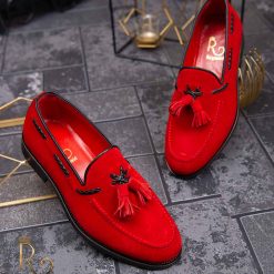 Pantofi Loafers de barbati din piele intoarsa naturala rosii cu ciucuri P1365 5