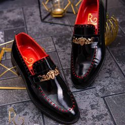 Pantofi Loafers de barbati din piele naturala lacuita accesoriu auriu P1385 2