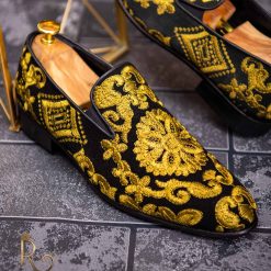 Pantofi Loafers de barbati din piele naturala negri brodati fir auriu P1352 5