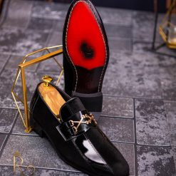 Pantofi Loafers de barbati din piele naturala negri cu catifea P1351 2