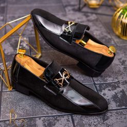 Pantofi Loafers de barbati din piele naturala negri cu catifea P1351 3