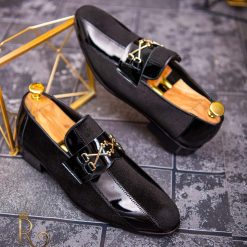 Pantofi Loafers de barbati din piele naturala negri cu catifea P1351 4