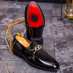 Pantofi Loafers de barbati din piele naturala negri cu catifea P1712 2