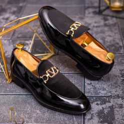 Pantofi Loafers de barbati din piele naturala negri cu catifea P1712 3