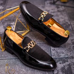 Pantofi Loafers de barbati din piele naturala negri cu catifea P1712 4