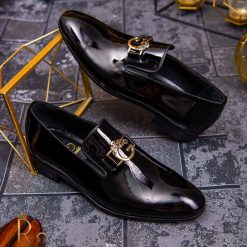 Pantofi Loafers de barbati din piele naturala negri lacuiti P1355 3