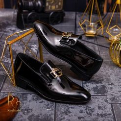 Pantofi Loafers de barbati din piele naturala negri lacuiti P1355 5