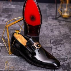 Pantofi Loafers de barbati din piele naturala negri lacuiti P1355 6