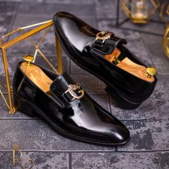 Pantofi Loafers de barbati din piele naturala negri lacuiti P1355 7