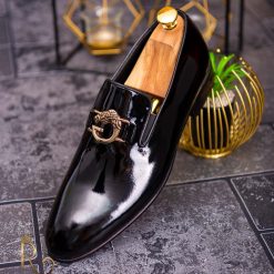 Pantofi Loafers de barbati din piele naturala negri lacuiti P1355 8